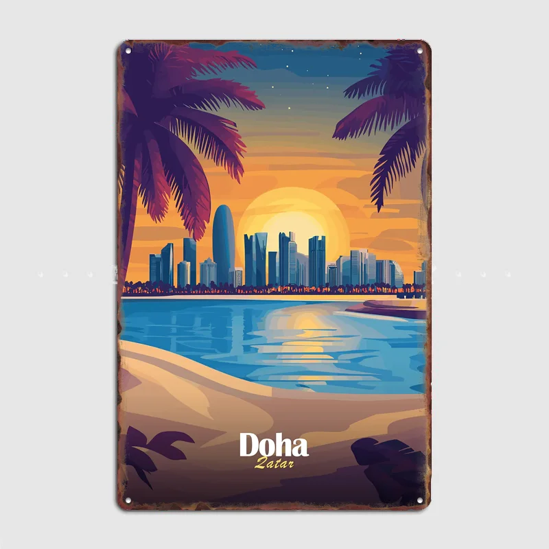 Doha Skyline Sunset Travel Scenery Posters Retro Garage Club Bar Indoor Wall Vintage Poster Room Decoration Home Decor