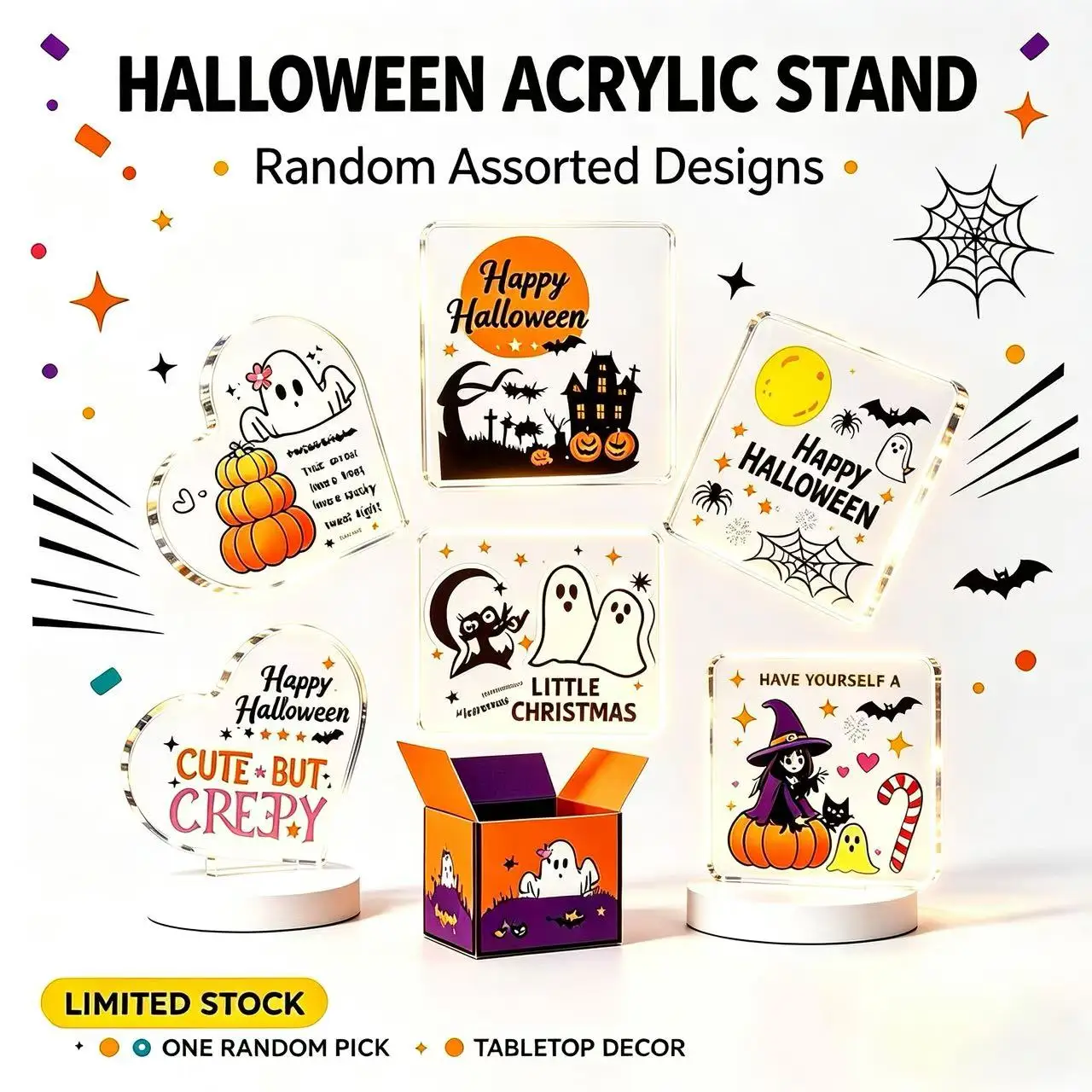 LED Halloween Acrylic Tabletop Stand, Random Patterns, Cute Ghost Pumpkin Witch Decor, Holiday Party Ornament Gift