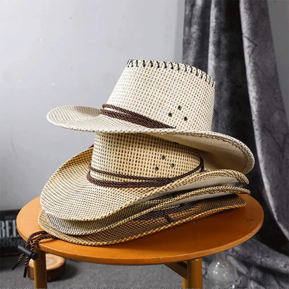 Wide Brim Straw Hat Solid Color Fashion Plaid Western Cowboy Hat Lacing Design Curved Brim Wide Brim Hat for Men and Women
