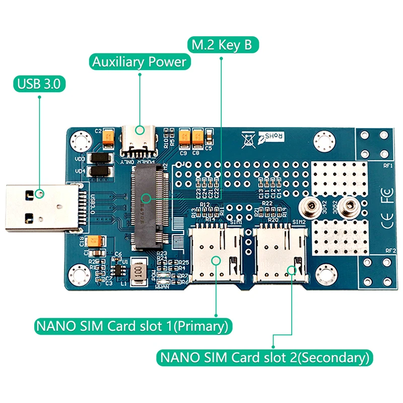 デュアルnano SIMカードスロット付きm.2to USB 3.0アダプター、3g、4g、5g、lteモジュール、3044、3052サイズ、m2 ngff、デスクトップ用キーカード、pc