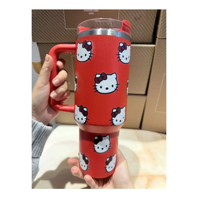 Kawaii Hello Kitty 40oz Stainless Steel Vacuum Cup Anime with Handle Straw Cup Coffee Cup with Packaging Box Quick Delivery