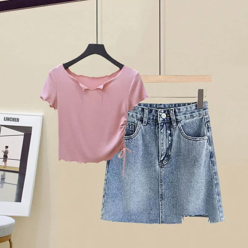 

Dress Sets Two Piece Sets Women Outfits Summer Korean Style Fashion Sweet Short Sleeve O-Neck T-shirt and Denim Skirts for Women