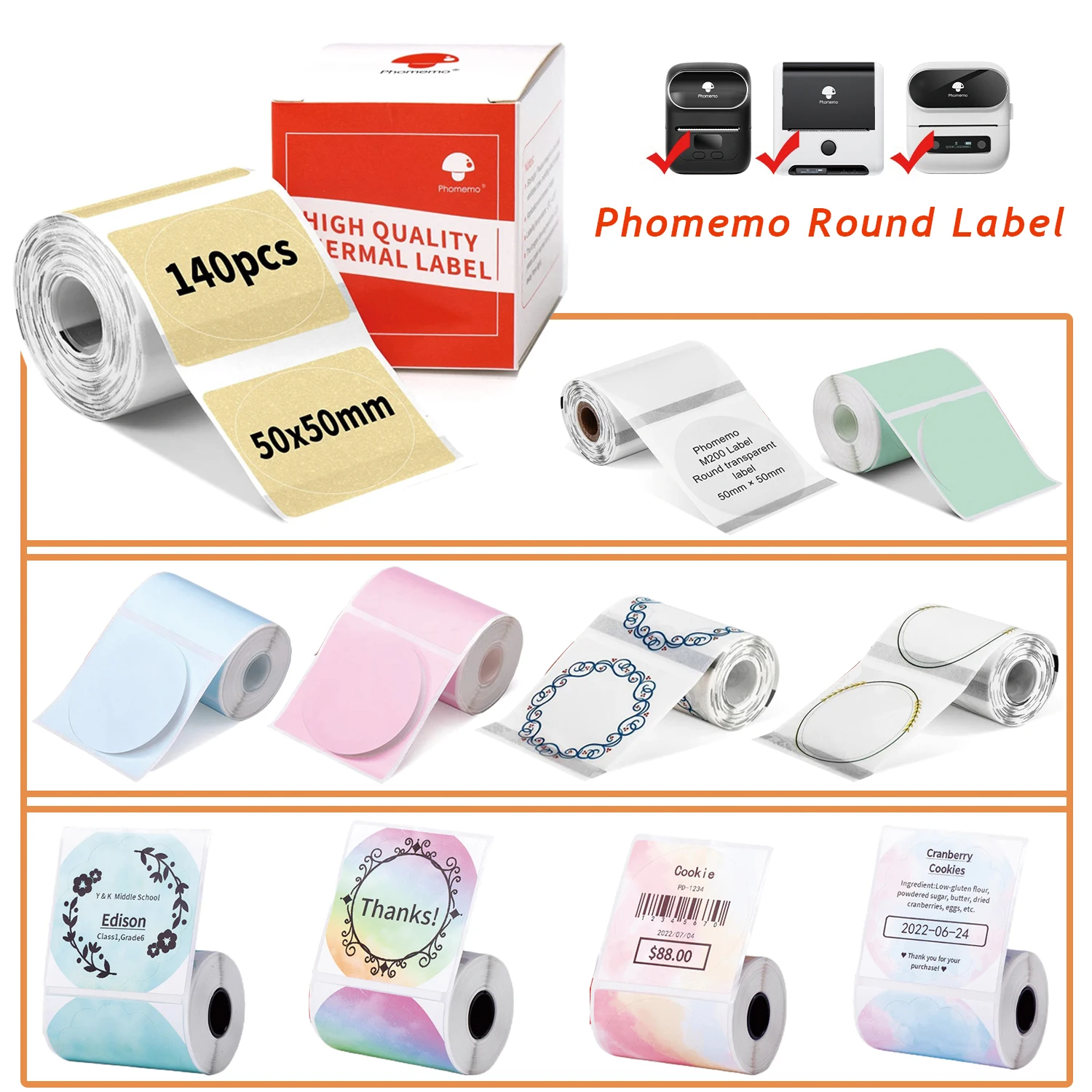 Phomemo Self-Adhesive Round white/transparent/color Label for M110/M220/M200/M120 for DIY Logo Design QR Code Shipping