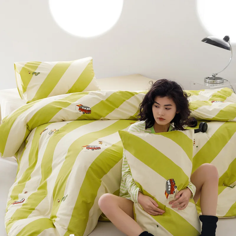 طقم سرير مطبوع مخطط بسيط من القطن 100% (3 قطع أو 4 قطع) لملاءات سكن الطلاب #3