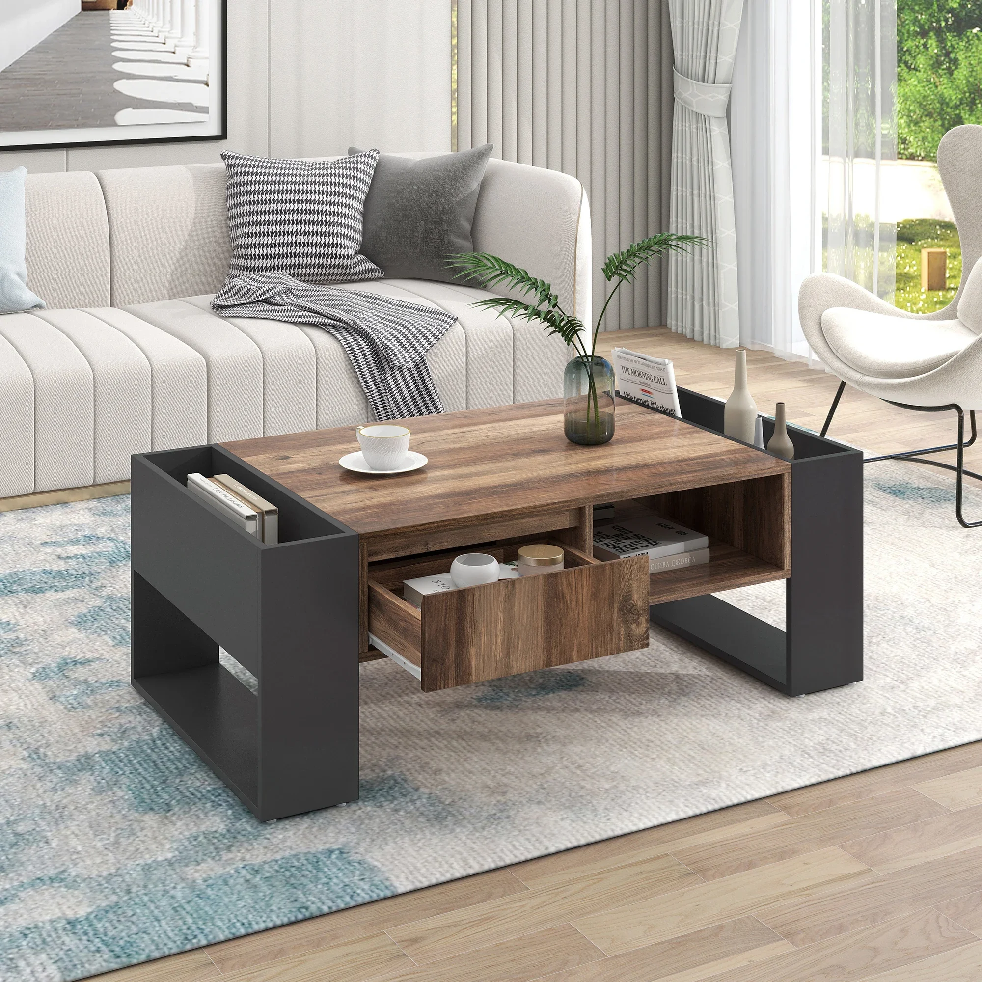 VSOGA Wood Grain Coffee Table With Handleless Drawers, Storage Compartment And Rear Storage Compartment, Double-sided Storage