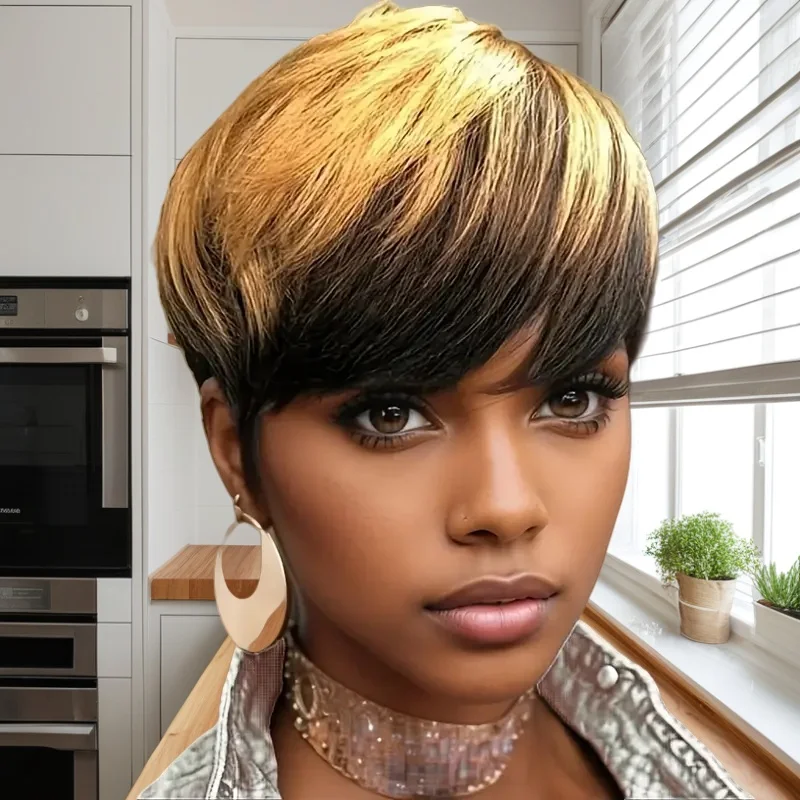 ﻿   픽시컷 가발 1B/27 옴브레 골드 여성용 100% 인모 숏 가발 기계식 제작