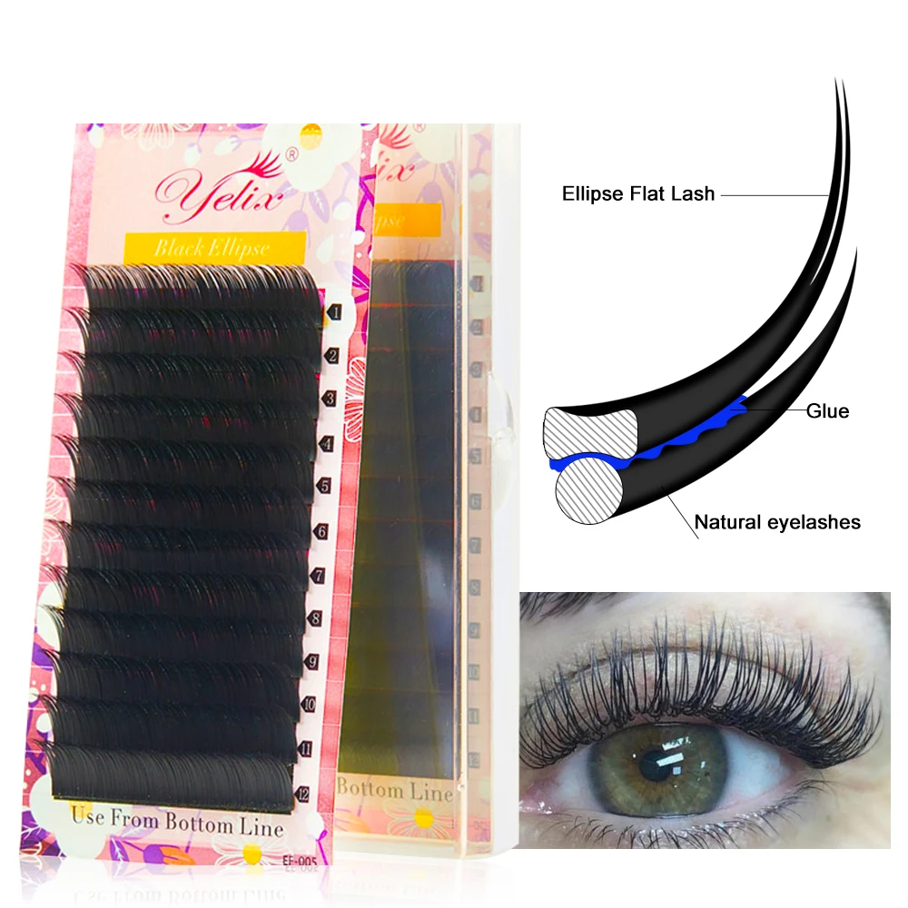Yelix Lash Ellipse Flat Eyelash Extension B/C/CC/D/D+ Curl 0.15 0.20 Double Split Tips Easy Grafting Fluffy Dense False Lash