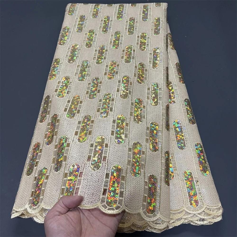 

Nigerian Sequins Tulle Lace Fabric High-Quality Embroidery African Net Cloth for Prom Dresses Beads 5 Yards 2025 PS0087