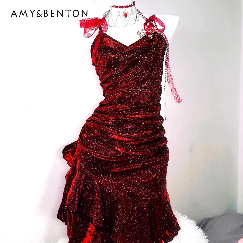 

Original Design Dark Red V-Neck Sexy Bodycon Mermaid Dress Retro 2025 Spring Summer Sweet Cool Irregular Slimming Dresses Ladies