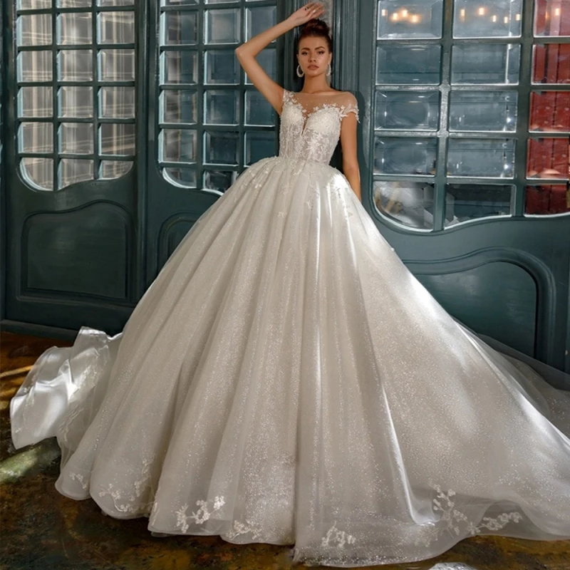 

Gorgeous Ball Gown Wedding Dresses Fashion Vestido Casamento O-Neck Backless Robe Mariage See Through Shiny Bride Gowns