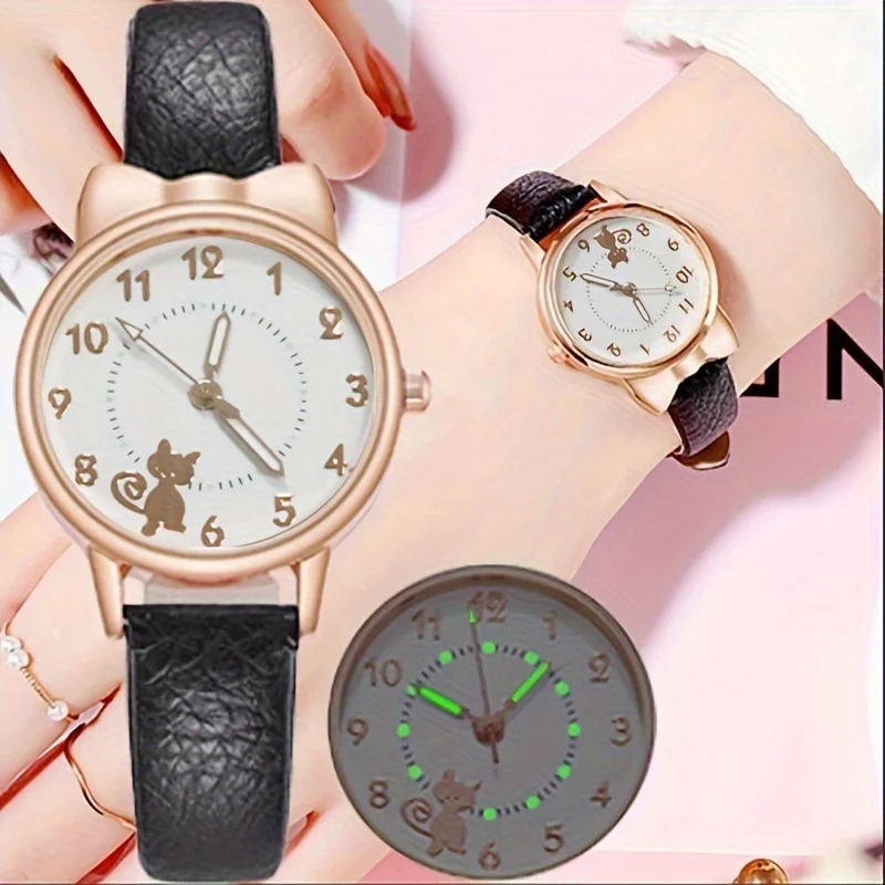 Niedliche Cartoon Katze runde Zeiger Quarzuhr leuchtende analoge Pu Leder Armbanduhr für Frauen