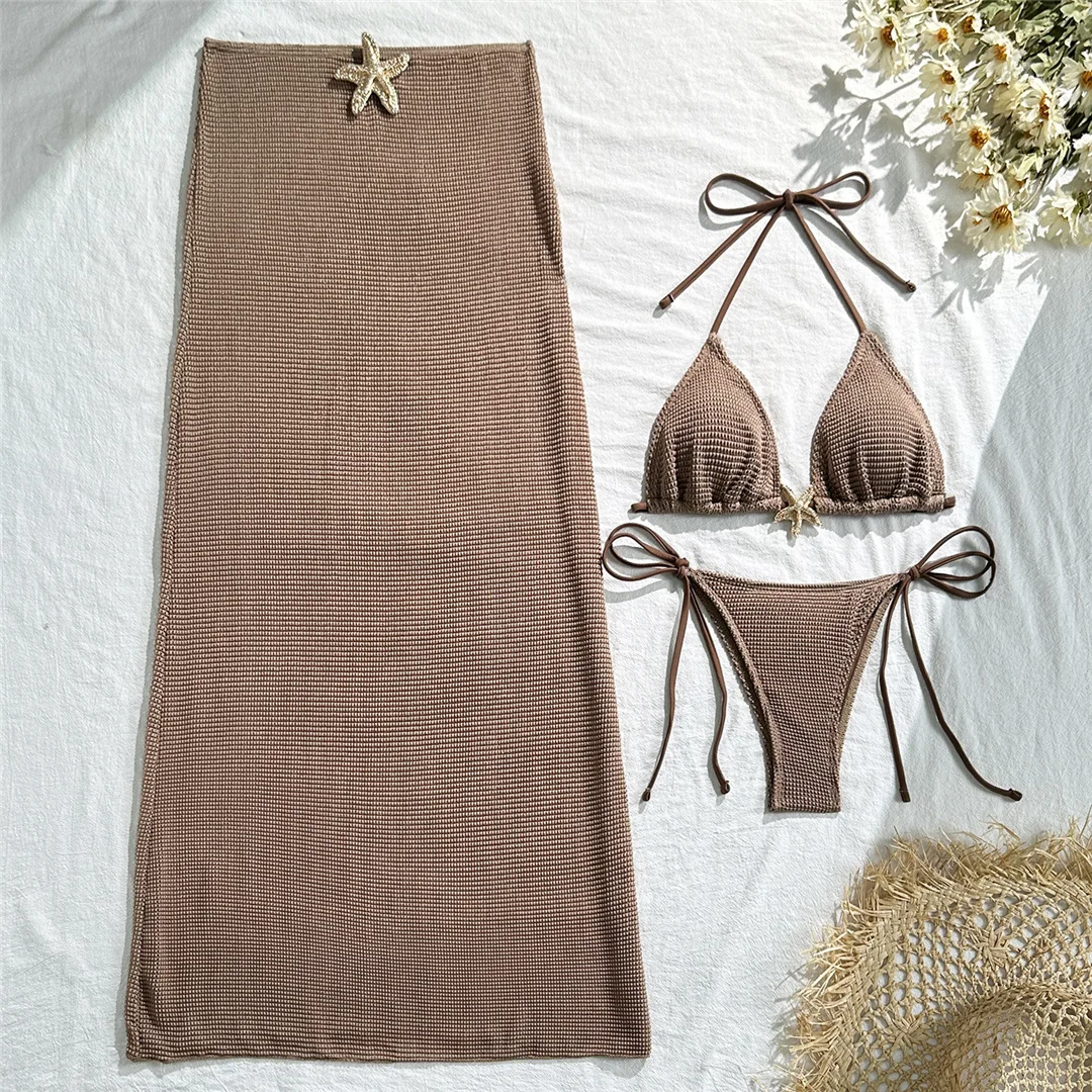 Metall-Stern-Halter-Bikini, Damen-Badeanzug, Damen-Badebekleidung, dreiteiliges Bikini-Set mit Rock, gepolsterter Badeanzug, Badebekleidung, Modell V6740Y. – Detail 38
