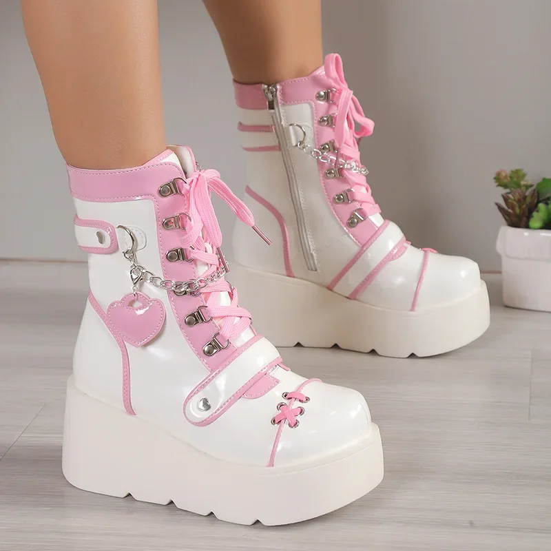New Gothic Platform Shoes Women's Boots Vampire Role Play Womens Mid-calf Boots Lace Up Wedges Punk Style Botines Para Mujeres