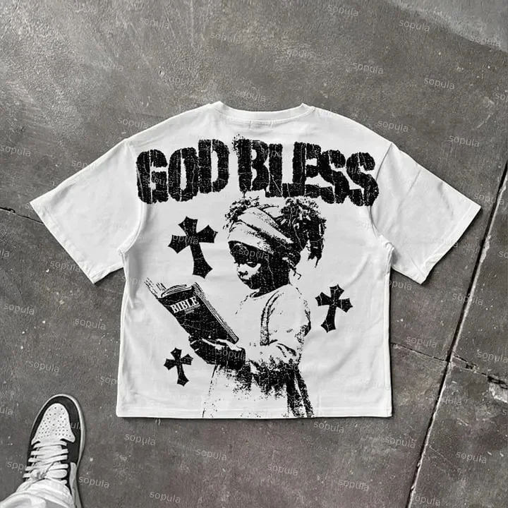 

Детская хлопковая футболка с графическим принтом God Bless для мужчин и женщин, топы высокого качества, футболка в винтажном стиле, уличная одежда