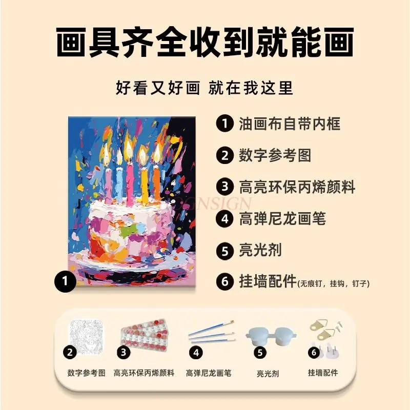 1set Happy Birthday Cake Gift Digital Oil Painting DIY Handmade Acrylic Oil Painting Decoration Hanging Painting