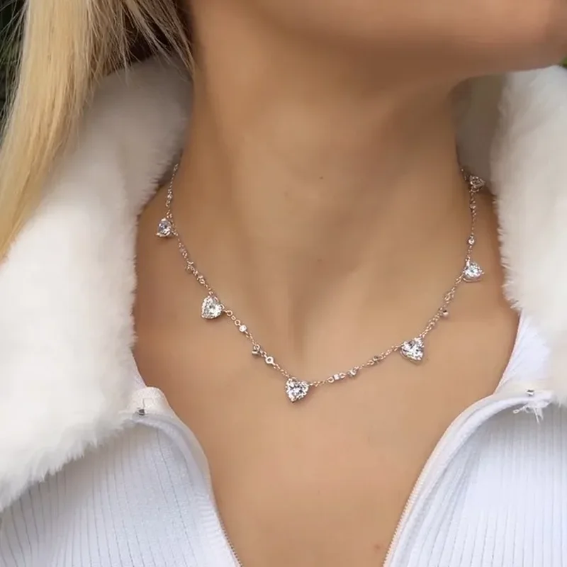 Sparking Cz Heart Shaped Stone Birthstone Full Paved Colorful Cubic Zirconia Fashion Women Jewelry Charm Choker Necklace