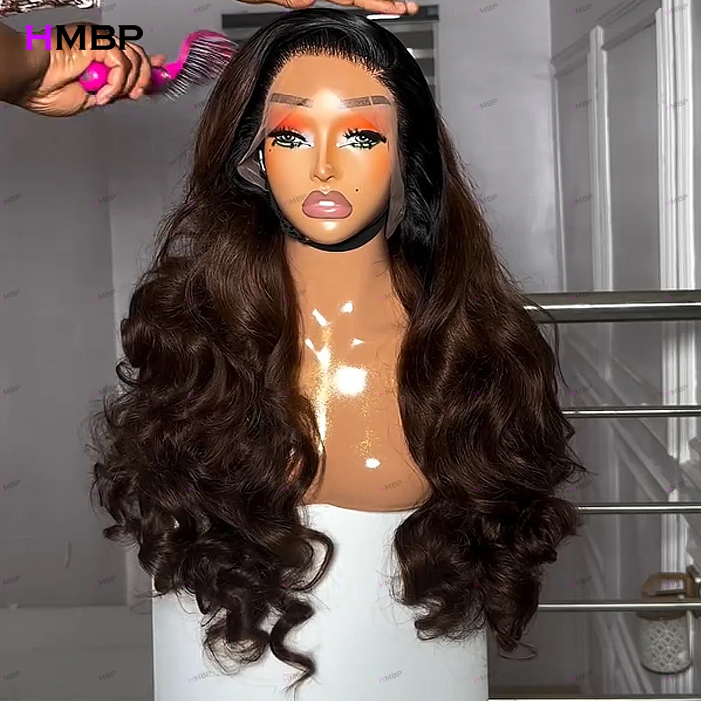 Chocolate Brown Omber Highlights Body Wave Wigs 400 Density 100% Human Hair Wigs 13x6 HD Lace Frontal Wigs Pre Plucked For Women