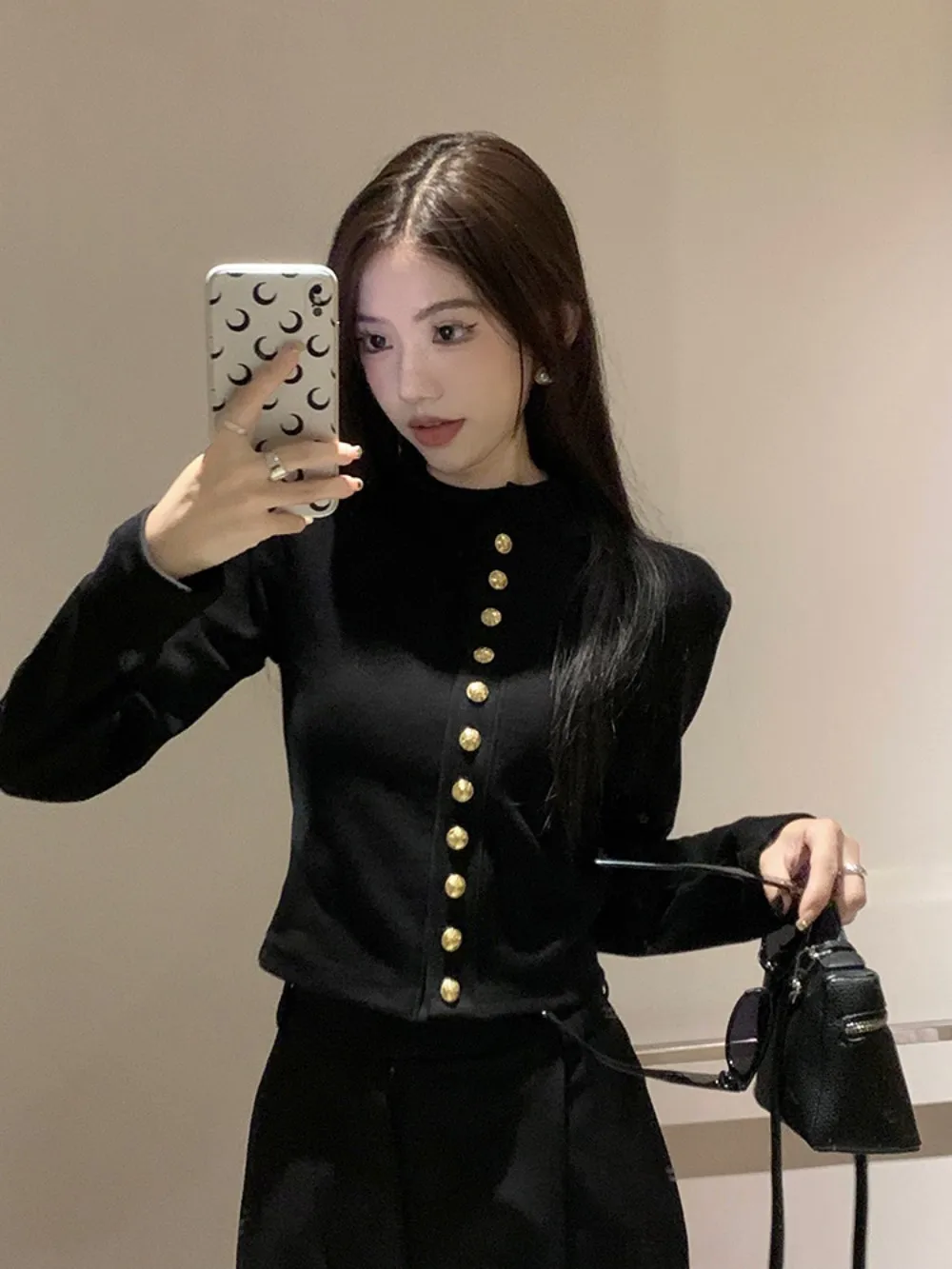 

Black Style Jacket for Women, Autumn Slim-Fit Sweater, Long-Sleeve Short Knitted Cardigan