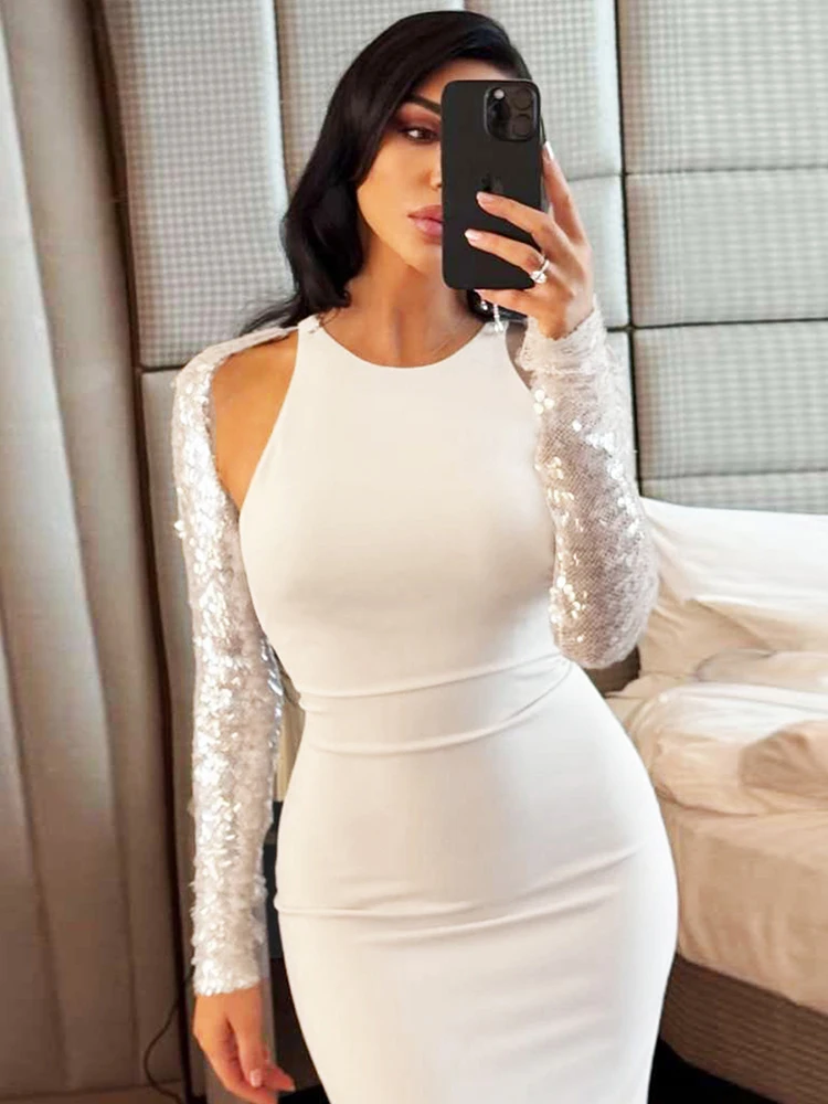 Kliou Lässiges, elegantes 2-teiliges Set für Damen, glänzende Pailletten, volle Ärmel, bauchfreie Mäntel + O-Ausschnitt, ärmellose, dünne Kleider, Street Fashion-Anzüge