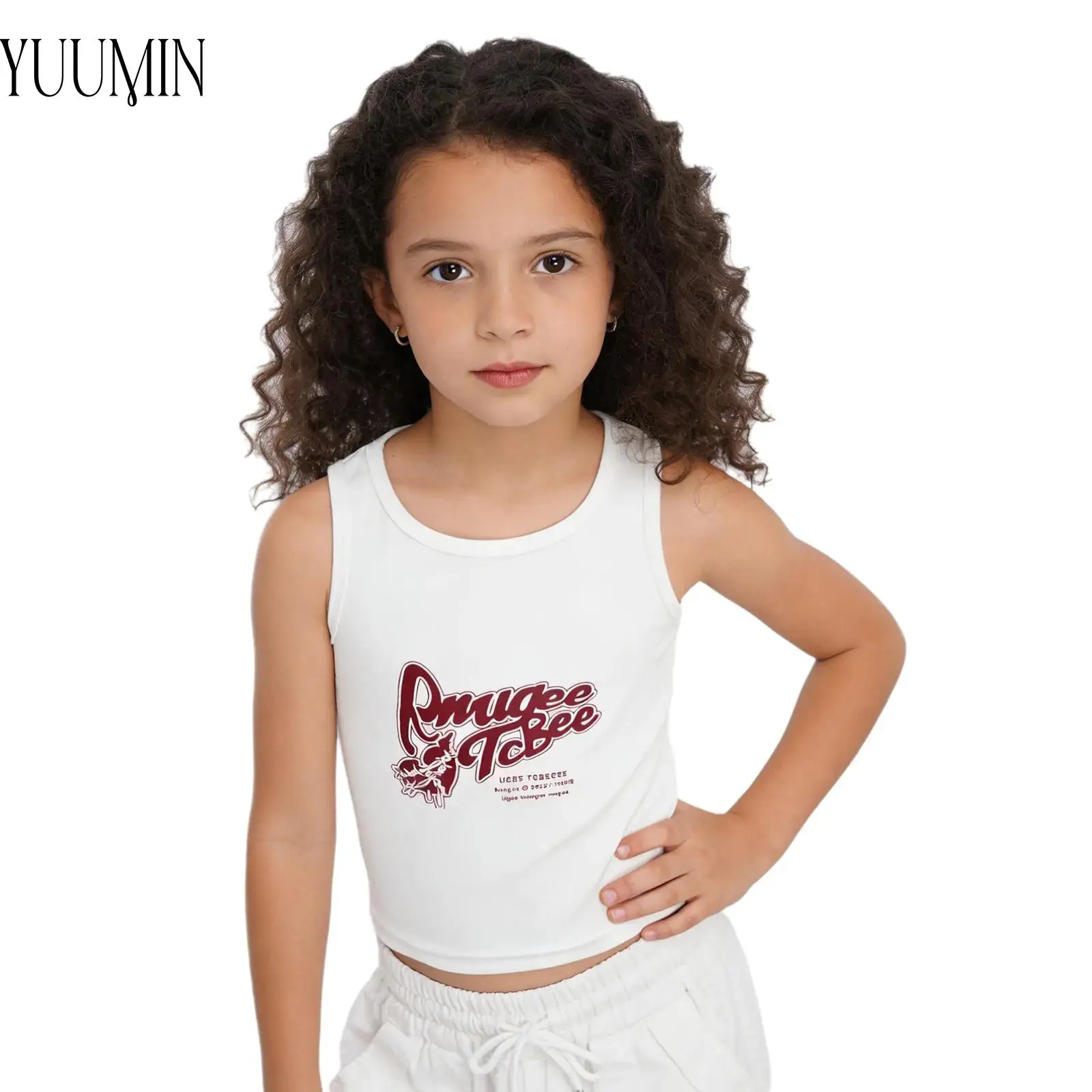 

Kids Girls Letter Print Crop Tank Top Sleeveless Round Neck Ribbed Vest for Skateboarding Hip Hop Yoga Tennis Workout Daily Wear