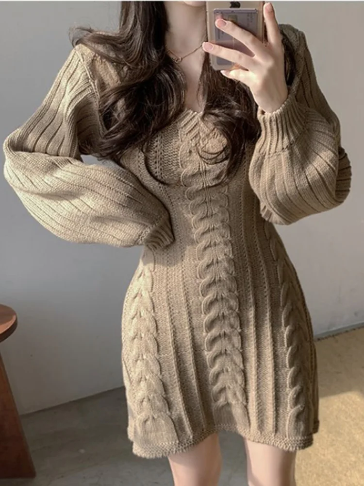 Robe pull tricotée pour femmes, nouvelle mode, automne hiver, manches longues, col en V, robes élégantes rayées, haut en tricot, vêtements