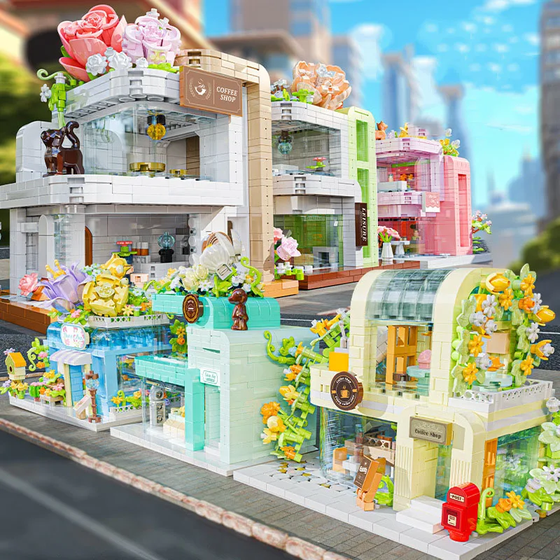 

Idea Street View Florist Cafe Micro Diamond Block Flower Shop Coffee House Architecture Building Brick Nanobrick Toy For Gift