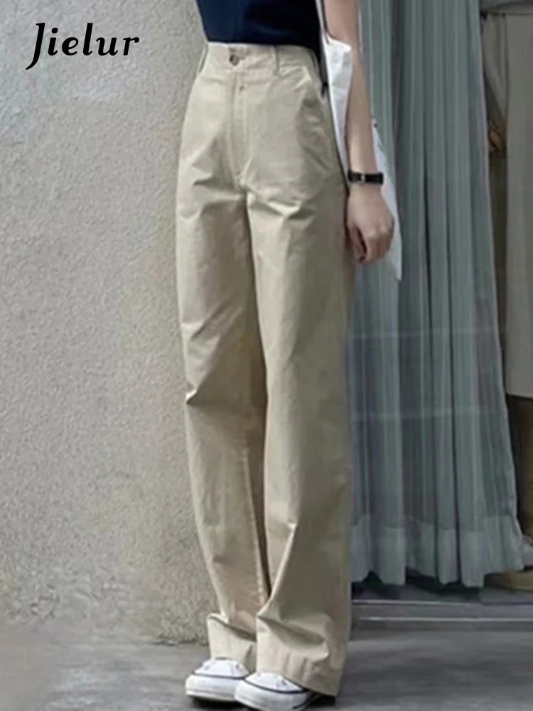 Jielur Summer Khaki High Waist Slim Casual Women's Wide Leg Pants Full Length Straight Solid Color Loose Simple Office Ladies
