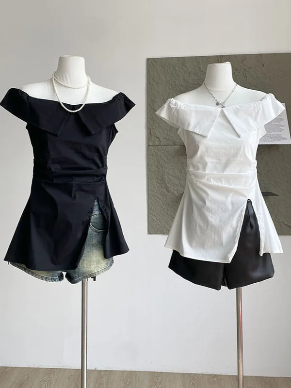 

Летняя женская модная приталенная рубашка из газовой ткани с одним открытым плечом, разрезом и утягивающим эффектом на талии, в корейском стиле, для повседневной носки, коллекция 2025 года