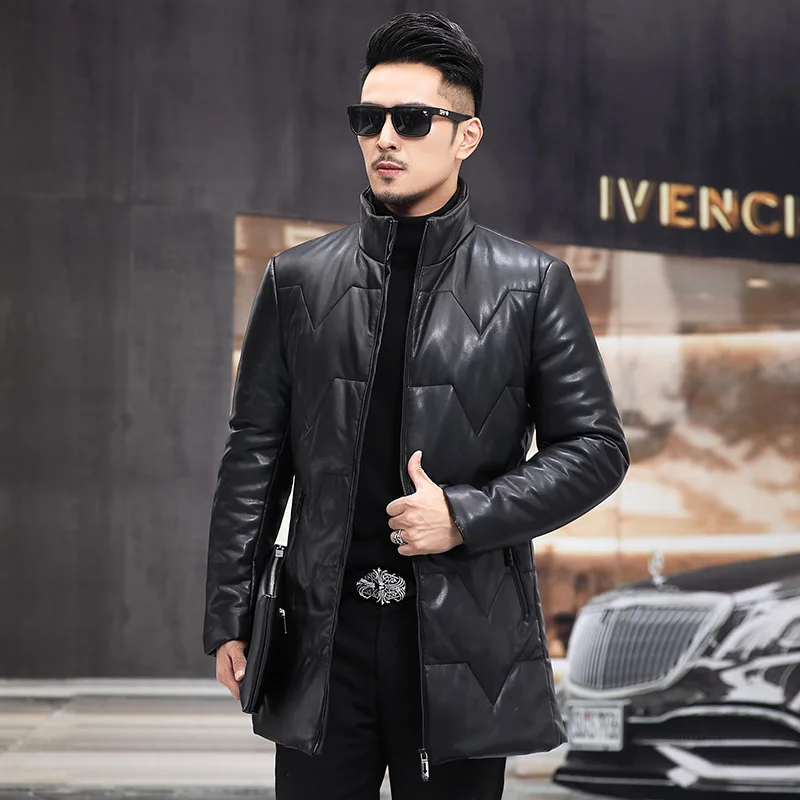 Korean White Duck Down Sheepskin Coats Men Slim Leather Jackets New Stand Collar Medium Length Male Winter Thick Warm Outerwear