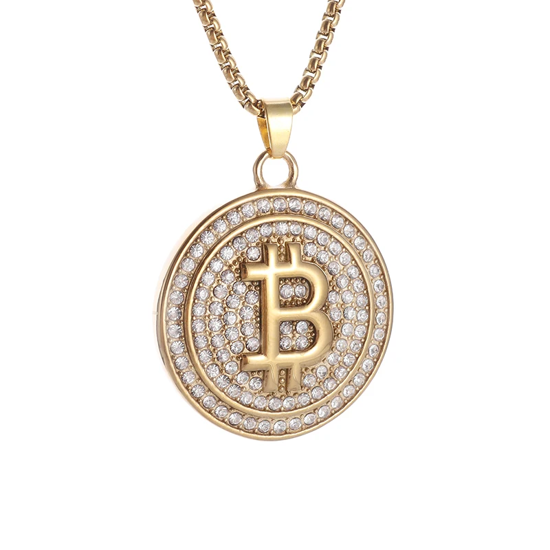 Bling Iced Out Bitcoin Pingente Colar com Strass para Homens e Mulheres Hip Hop Rock Rap Trendy Cool Jewelry