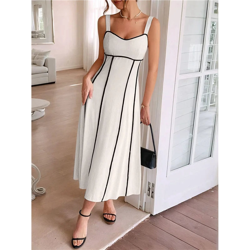 【SEE】Vestito lungo da donna a righe con cinturino per spaghetti ritagliato Abito lungo fluido