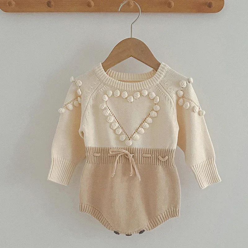 2024 New Autumn Toddler Baby Girl Knitted Romper Long Sleeved Splicing Korean Style Climbing Suit Baby Girl Knitted Clothing