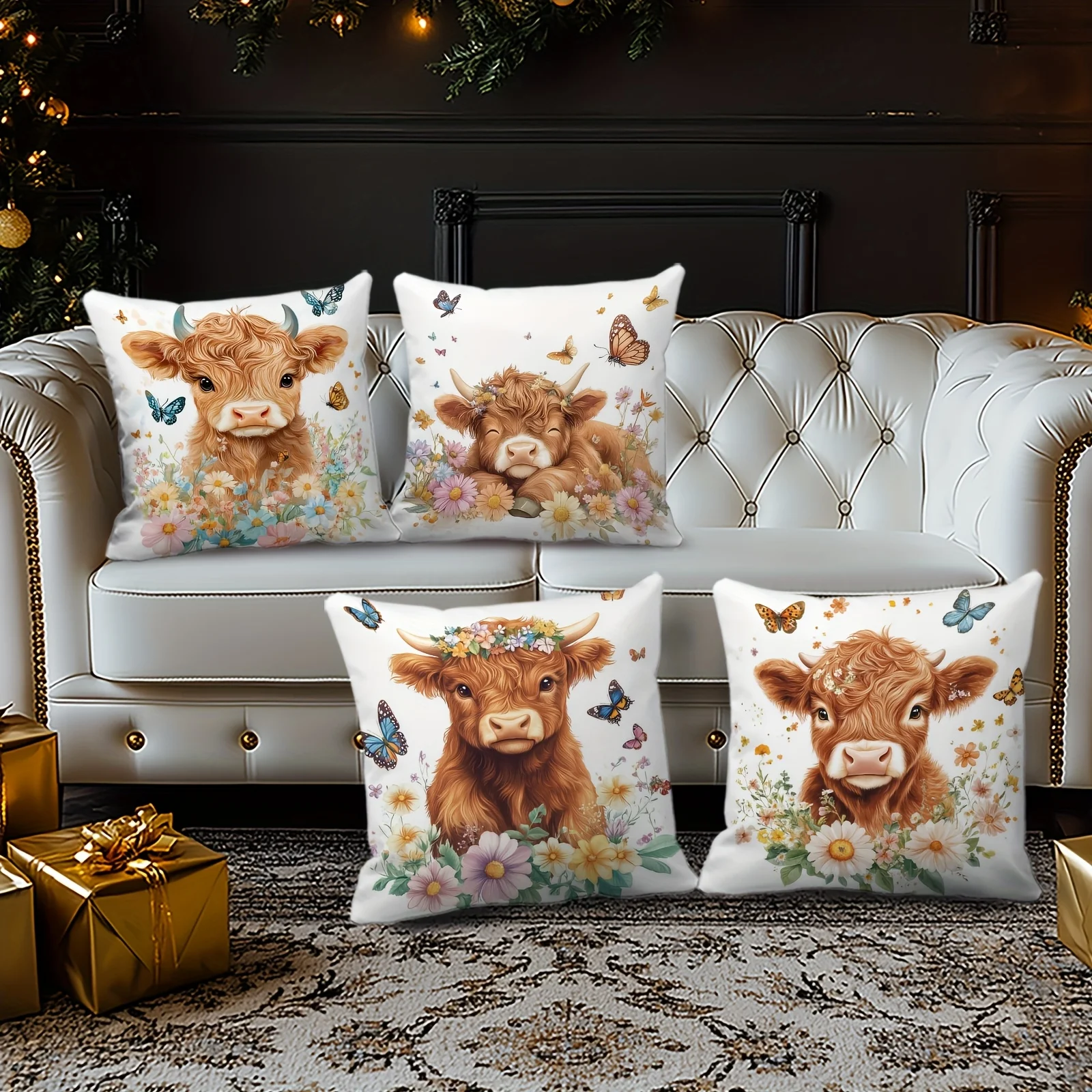 4Pcs Cute Calf Pillow Covers 45x45cm Double-sided Printed Cushion Cases Floral Butterfly Home Decor Throw Pillows No Insert
