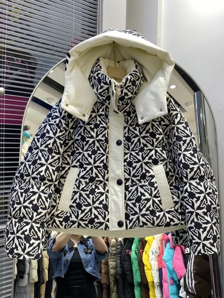 Fashion Printed Down Jacket Winter New American Vintage Y2k Contrast Color Hooded Thickened Tops 90 White Duck Puffer Coat Women