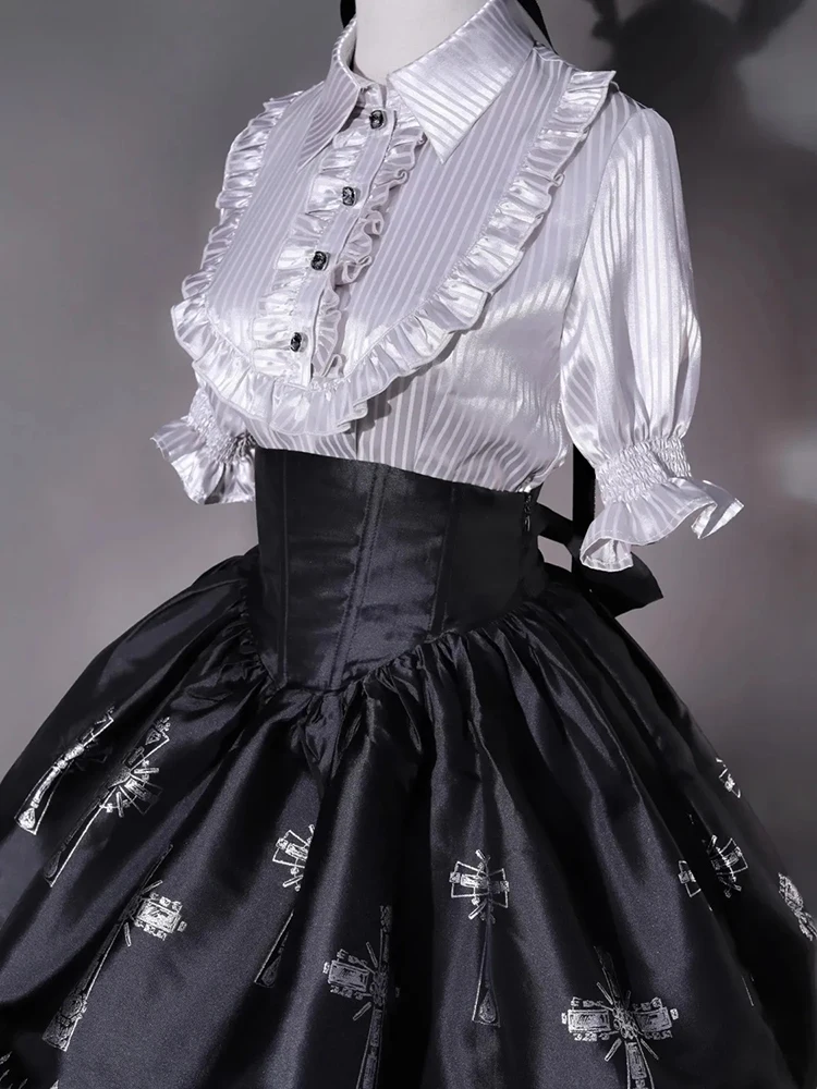

Gothic Lolita Blouses Women Japanese Y2K Chic Ruffle Striped Tops Victorian Vintage Elegant Office Lady Sweet Puff Sleeve Shirts