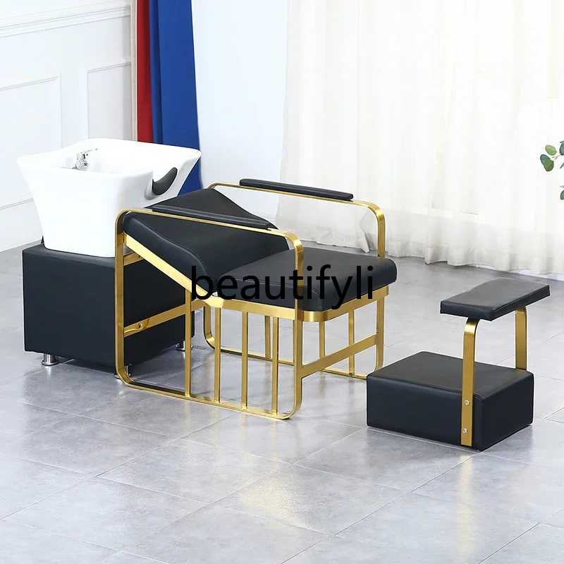 

SS High-grade shampoo bed barber shop special stainless steel semi-lying ceramic deep basin hair salon flush bed