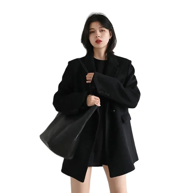 Boreathiman 2024 Women Wool Blend Coat Solid Mid Long Woolen Blazer Thick Warm Blouse Women\'s Lady Autumn Winter Overcoat Tops