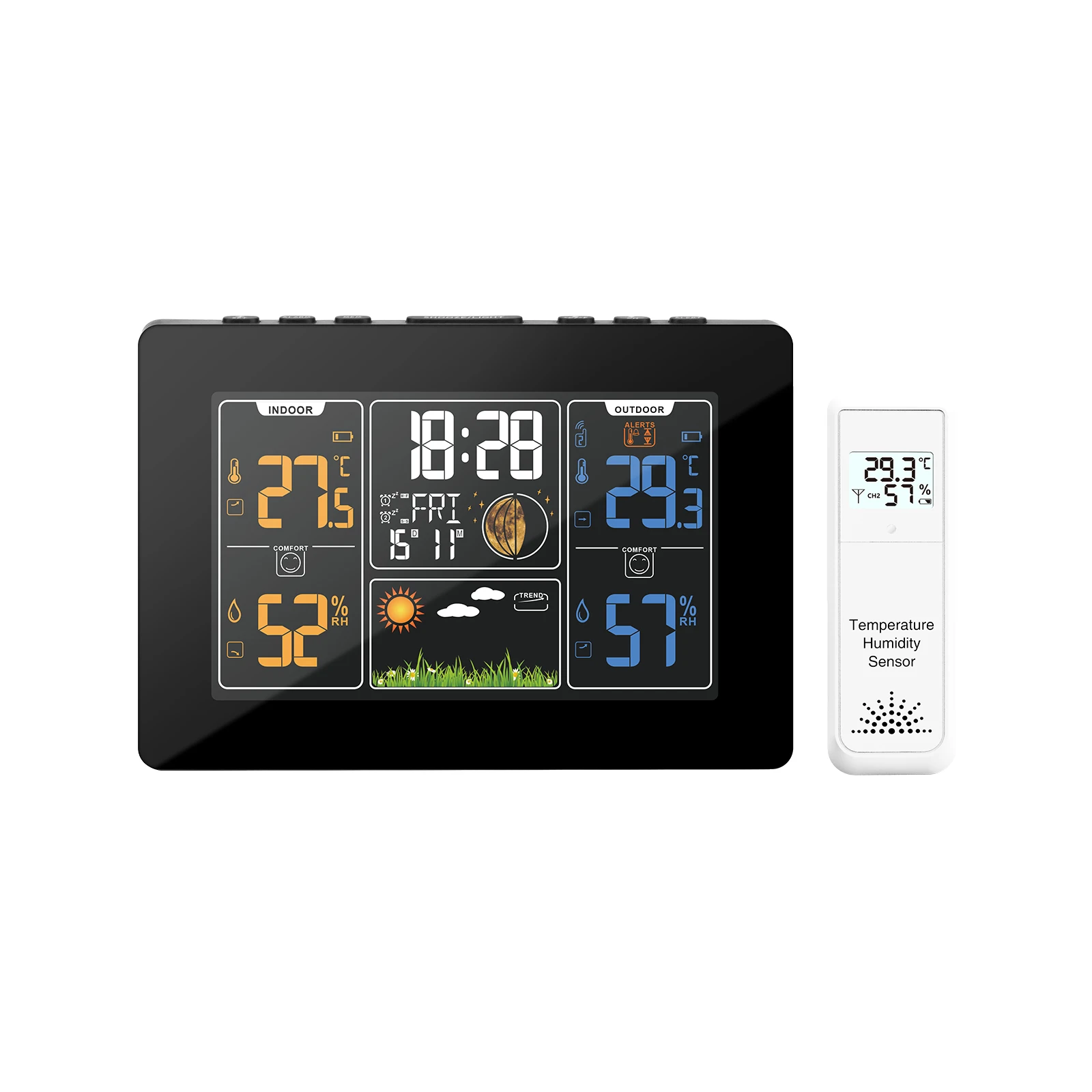 PT201C Multi-function Digital Weather Station Clock/Indoor/Outdoor Temperature/Humidity/Moon/Phase/Calendar/Alarms Home Office