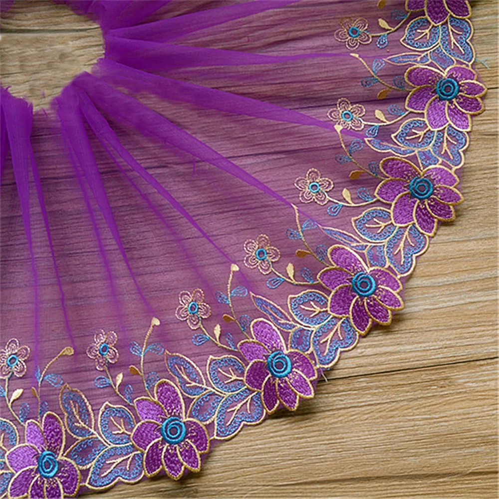 1 Yard Purple Floral Lace Trim Embroidered Sewing Lace Fabric for DIY Craft 21CM Wide