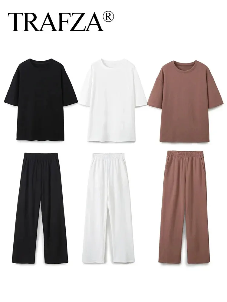 TRAFZA 2024 New Summer Woman Trouser Sets Solid O Neck Short Sleeves T-Shirt Top + Elastic Waist Pockets Kobiece luźne długie spodnie