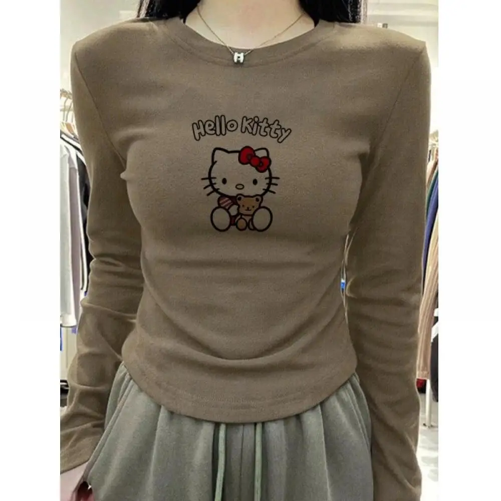 Kawaii เสื้อ Hello Kitty เสื้อยืดแขนยาว Sanrioed อะนิเมะฤดูใบไม้ผลินักเรียนหญิง Bottoming เสื้อ O-คอ SLIM FIT เสื้อหลวมน่ารัก