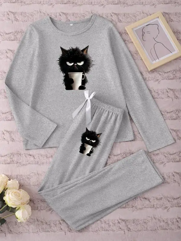 Women's Long Sleeve Pajama Set, Cartoon Cat Print, Casual Fitted Sleepwear, Spring & Fall Nightgown, Animal Pattern 6