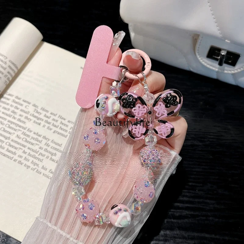 Exquisite Shining Diamond Beaded Wrist Lanyard, Pink Butterfly Wristband, Light Luxury Mobile Phone Charm, Exquisite