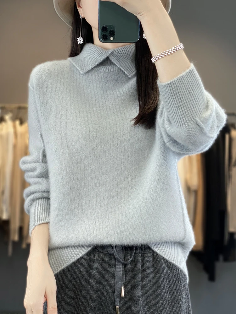 Women\'s 100% Merino Wool Sweater Turn-Down Collar Pullovers Autumn Winter Thickened Cashmere Knitwear Clothing Korean Tops