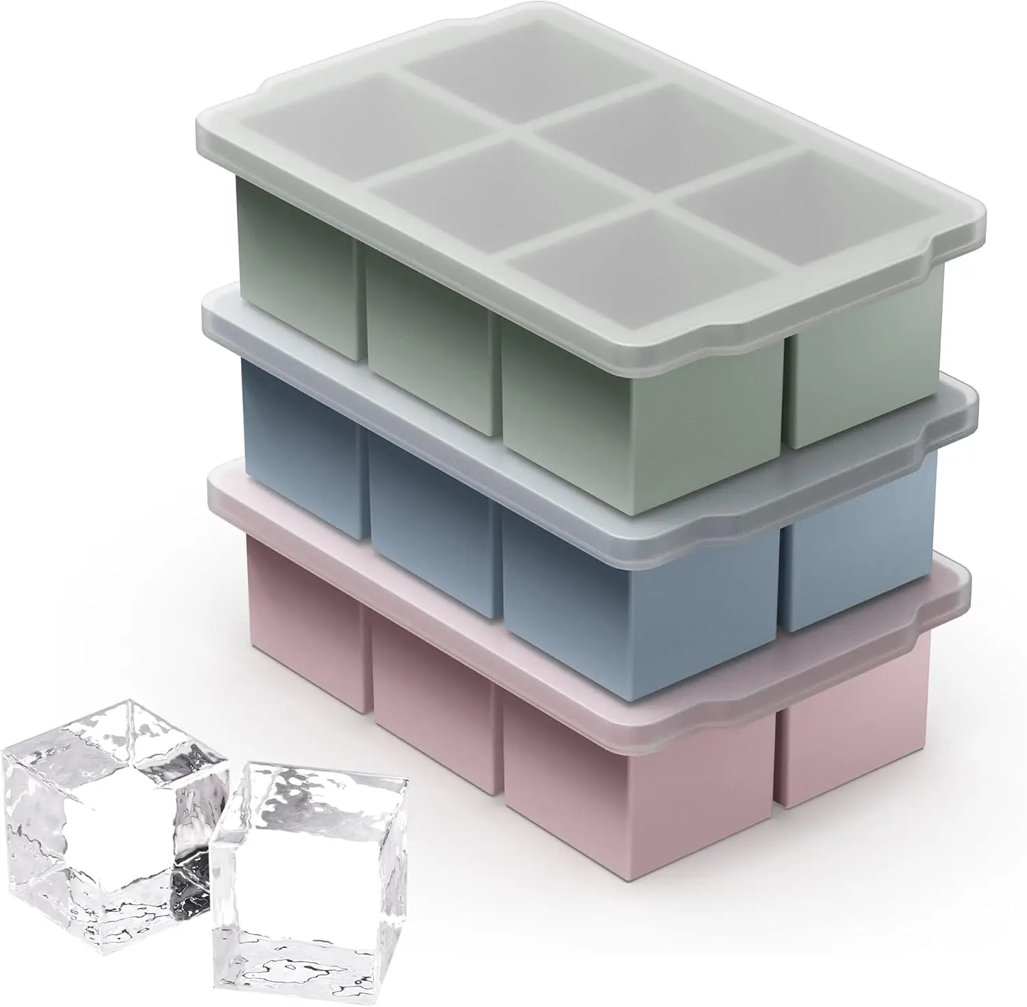 

3 Packs Large Ice Cube Molds with Stackable Lid,Silicone Ice Cube Tray for Freezer,Big Square Ice Tray for Whiskey,Cocktails,Bou