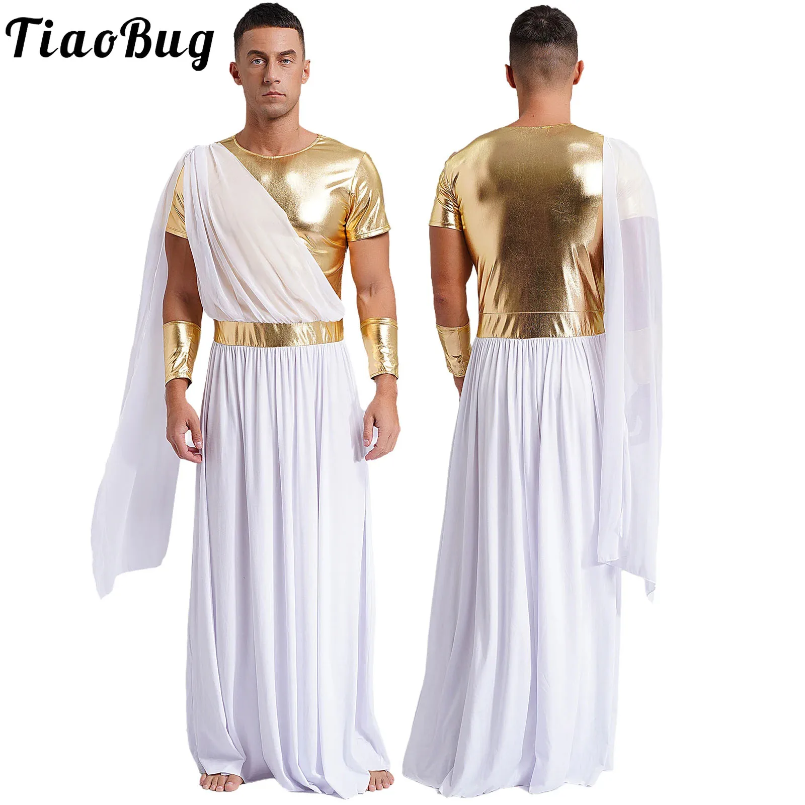 

Mens Halloween Ancient Greek God Toga Costumes Roman Emperor Role Play Robe Short Sleeve Metallic Tunic Outfit Party Dress Up