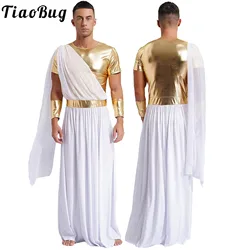 Mens Halloween Ancient Greek God Toga Costumes Roman Emperor Role Play Robe Short Sleeve Metallic Tunic Outfit Party Dress Up