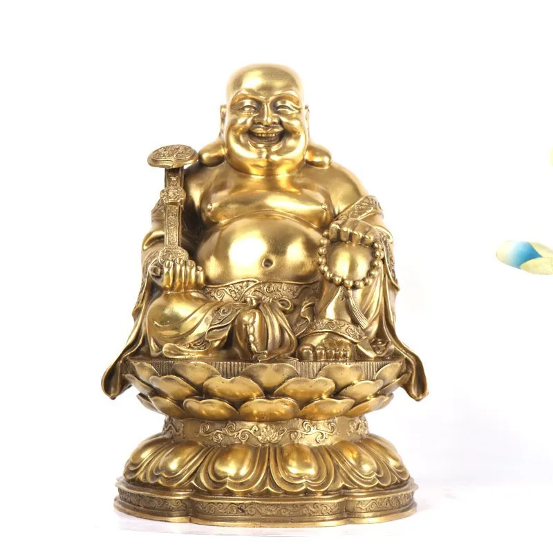 Maitreya figurine, bronze laughing , with a lotus and a wish-fulfilling object, seated Buddha smiling