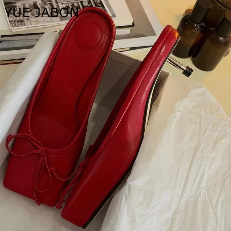 

New Low Heel Shoes Square Toe Slippers Women's Butterfly-knot Decor Mules Spring Autumn Outwear Vacation Retro Lazy Slippers