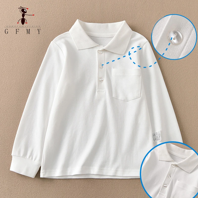 الأطفال قميص بولو كم طويل 100% القطن قميص الصلبة صبي الفتيات لفة الرقبة تي شيرت أبيض للمدرسة 2T-16T اليابان نمط القمم